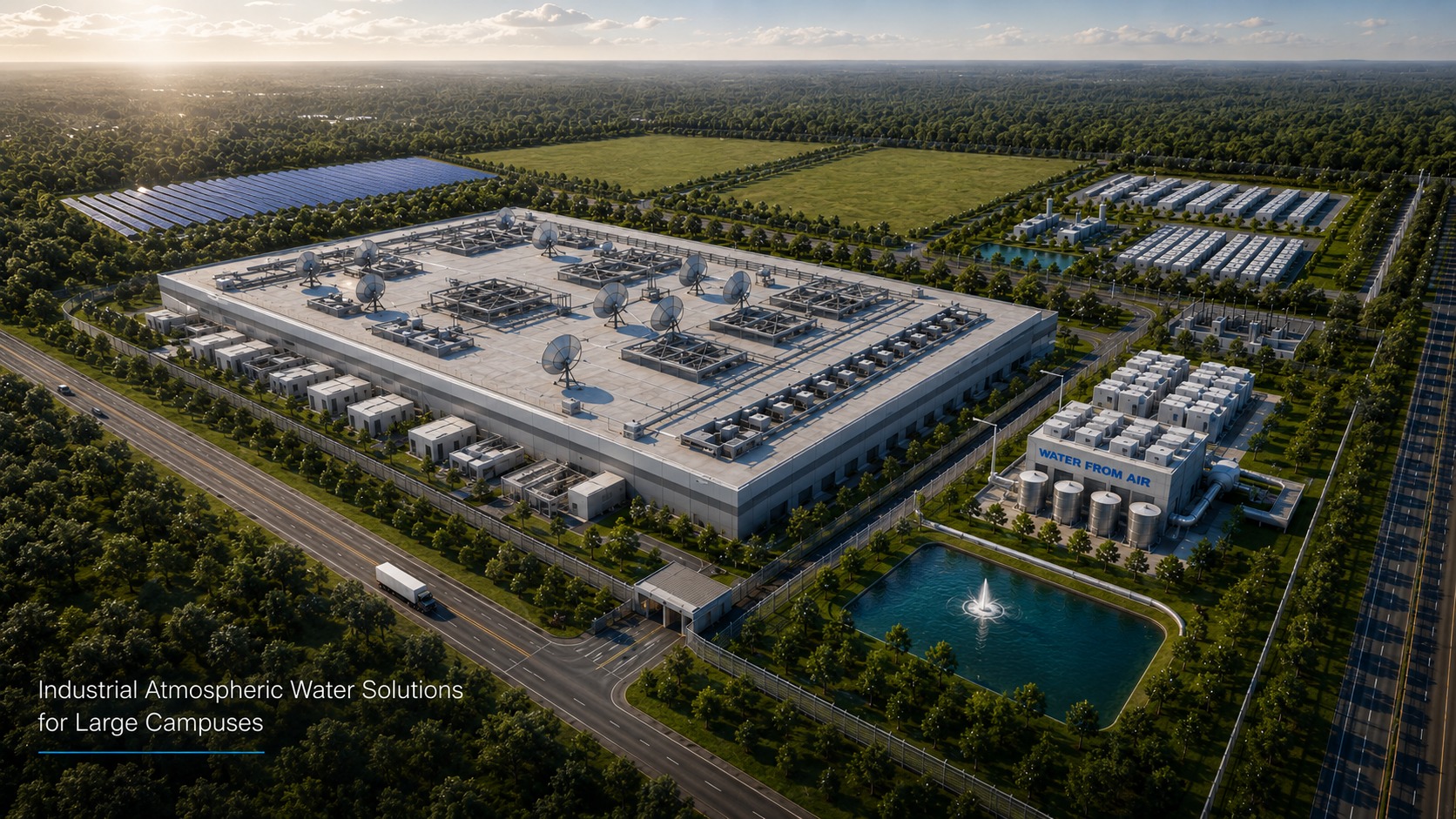 Conceptual large data center campus illustrating a possible industrial atmospheric water application